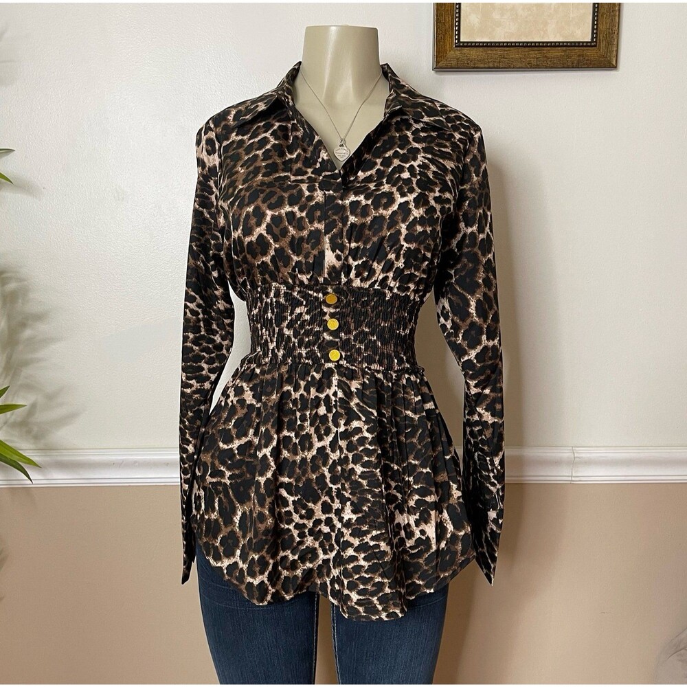 Wishing Waves Women’s Leopard Print Ruched Waist Blouse Shirt Top